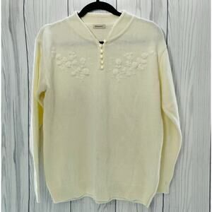 Vintage Cream Damart Embroidered Sweater Delicate Button Size Large (READ)